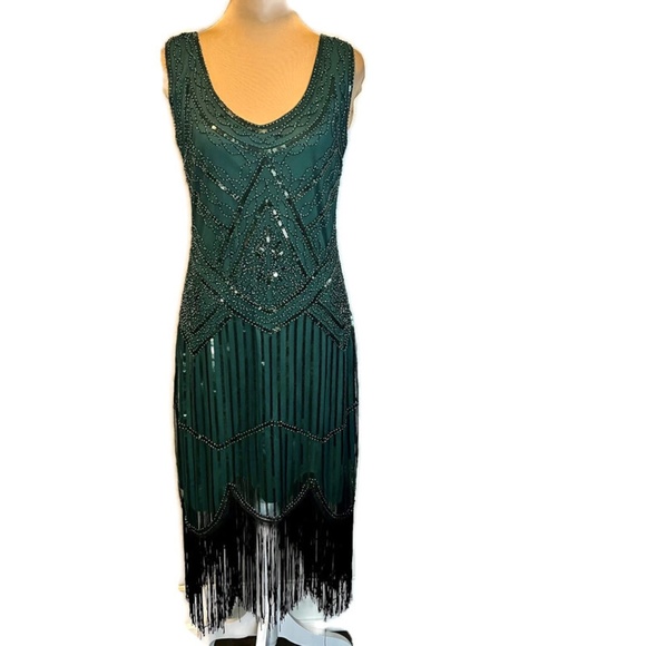 Dresses Beaded Sequined Fringed Flapper Midi Dress Green Retro 192s